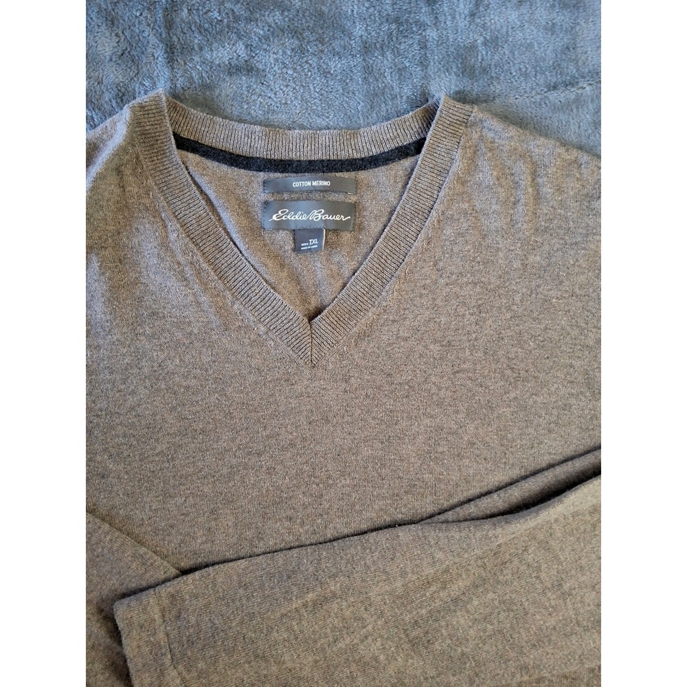 Eddie Bauer Mens TXL‎ V-Neck Sweater Cotton Merino Wool Blend Heather Tan Brown - Picture 6 of 12